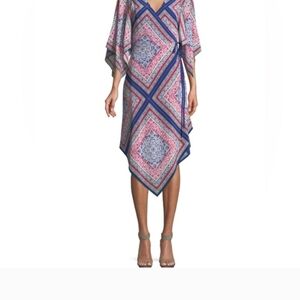 Trina Turk Pink & Blue Geometric Wrap Midi Dress